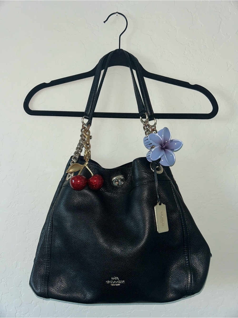 Coach Black Pebbled Leather Shoulder Tote with Charm Accents